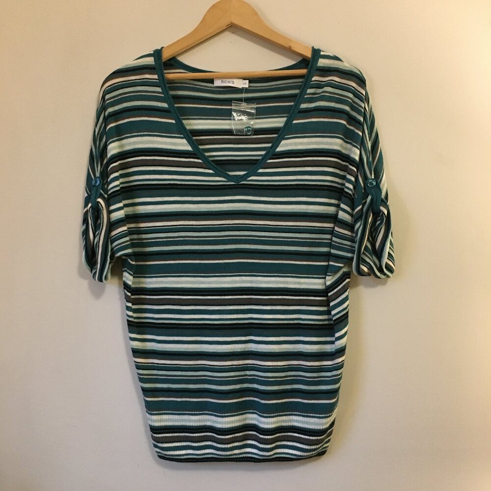NWT Ricki's Retro Striped V-Neck Rolled Cuff Rayon Sweater - Picture 2 of 16